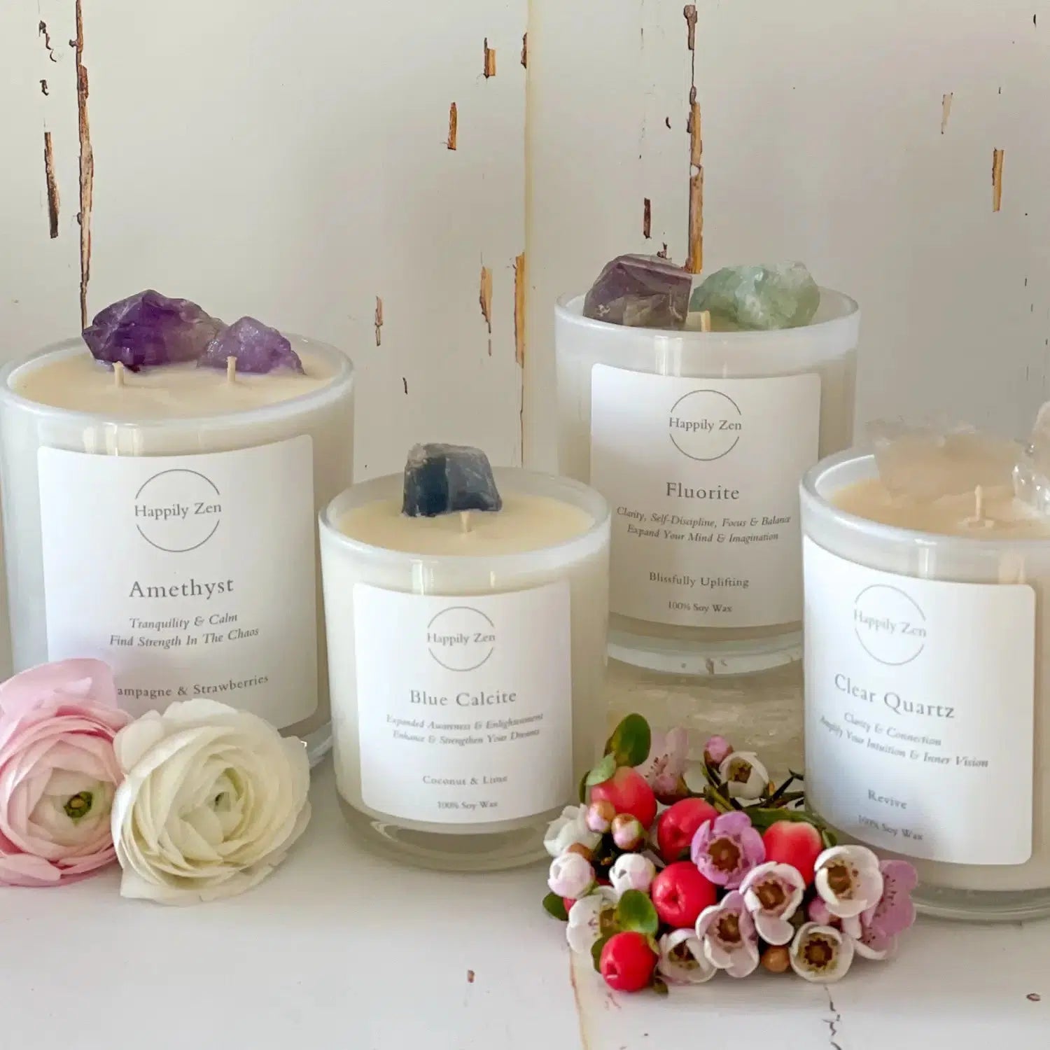 Crystal Infused Pure Soy Candles - Intentions Range - Happily Zen