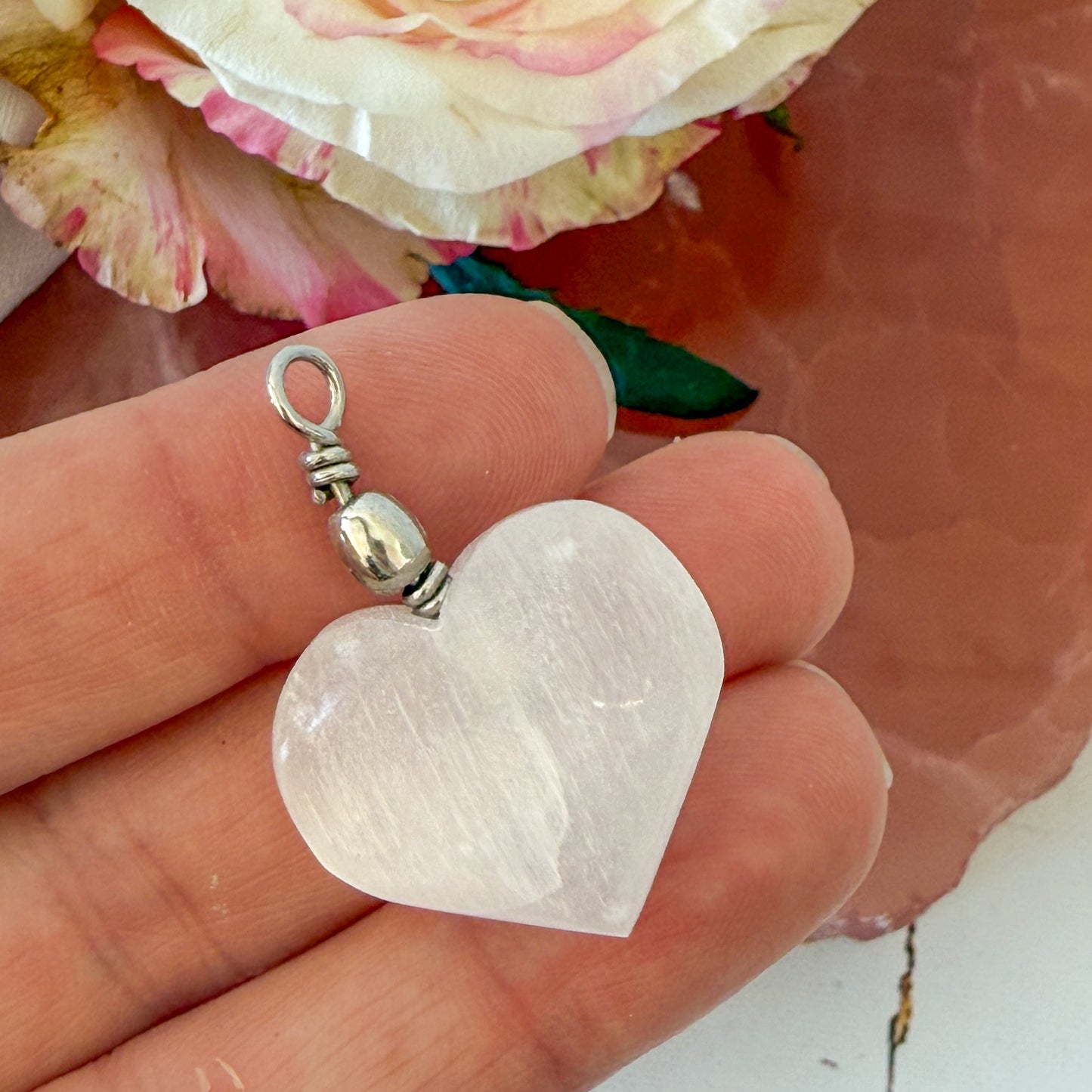 Selenite Heart Pendant #1211-Happily Zen