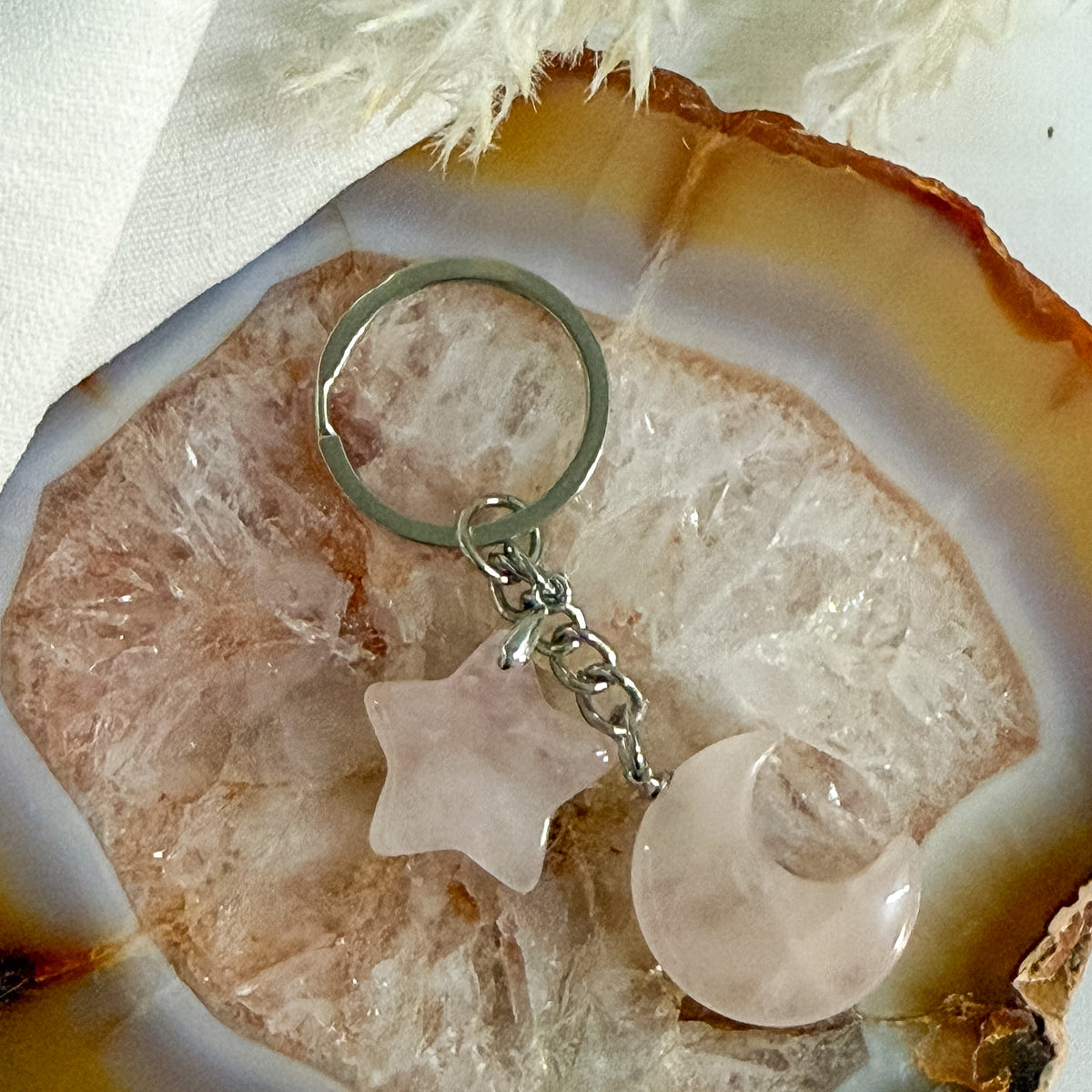 Rose Quartz Crystal Moon and Star Keychain