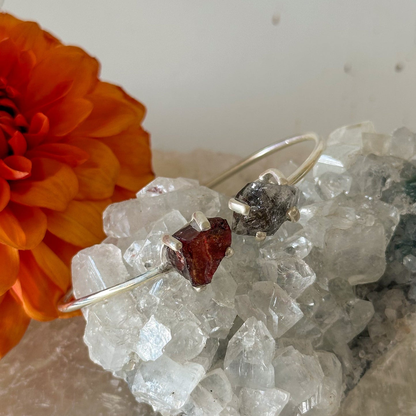 Garnet and Herkimer Diamond Sterling Silver Bangle #715-Happily Zen