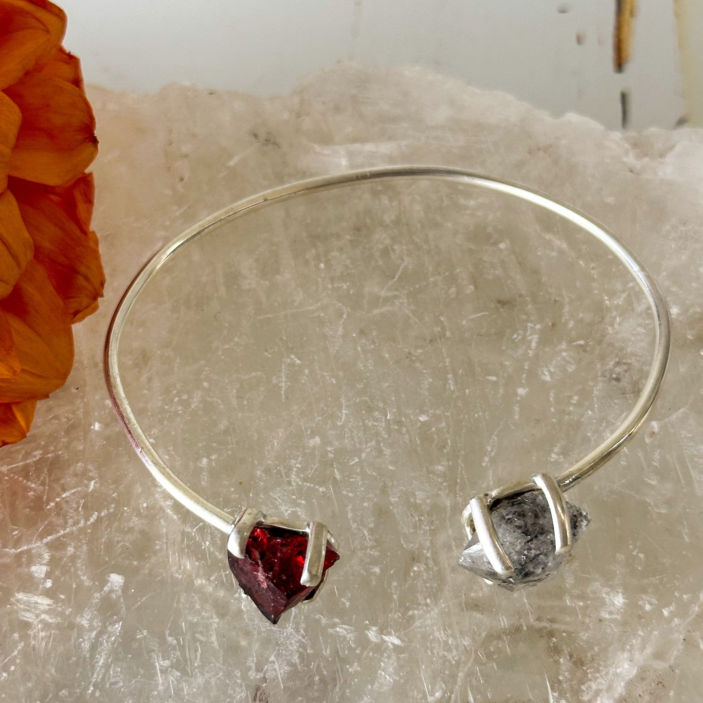 Garnet and Herkimer Diamond Sterling Silver Bangle #716-Happily Zen