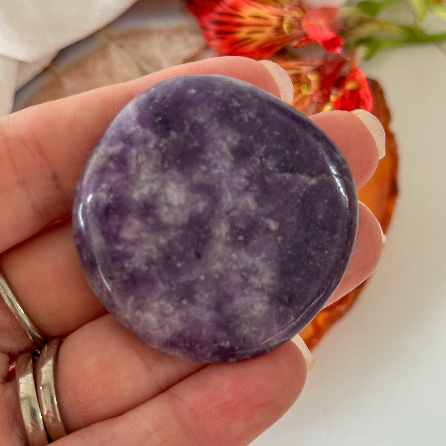 Lepidolite Palm Stone #907-Happily Zen
