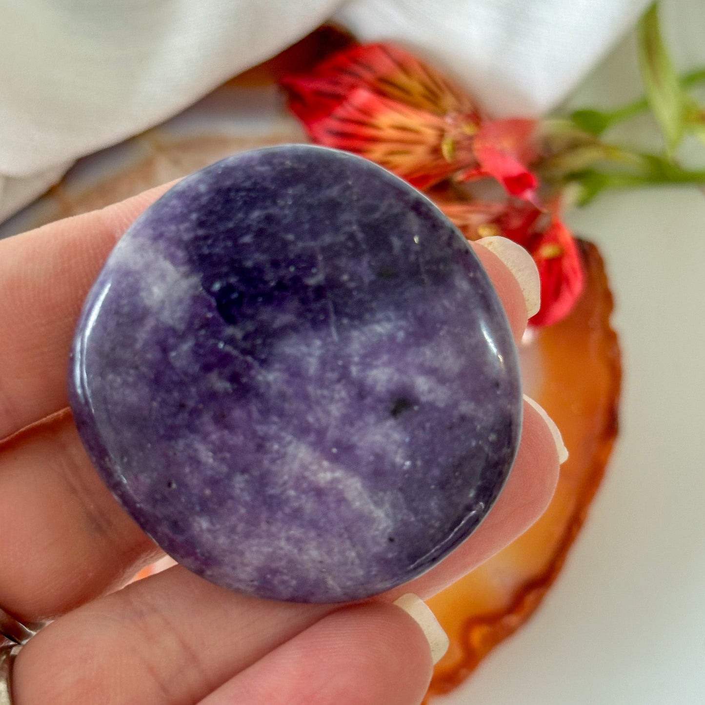 Lepidolite Palm Stone #908-Happily Zen