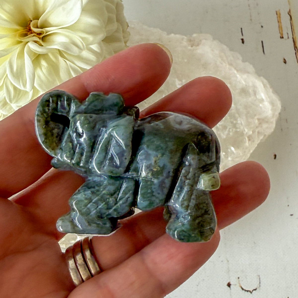 Moss Agate Elephant #1061-Happily Zen