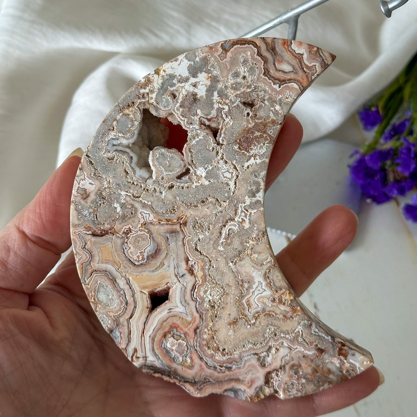 Pink Crazy Lace Agate Moon #849-Happily Zen