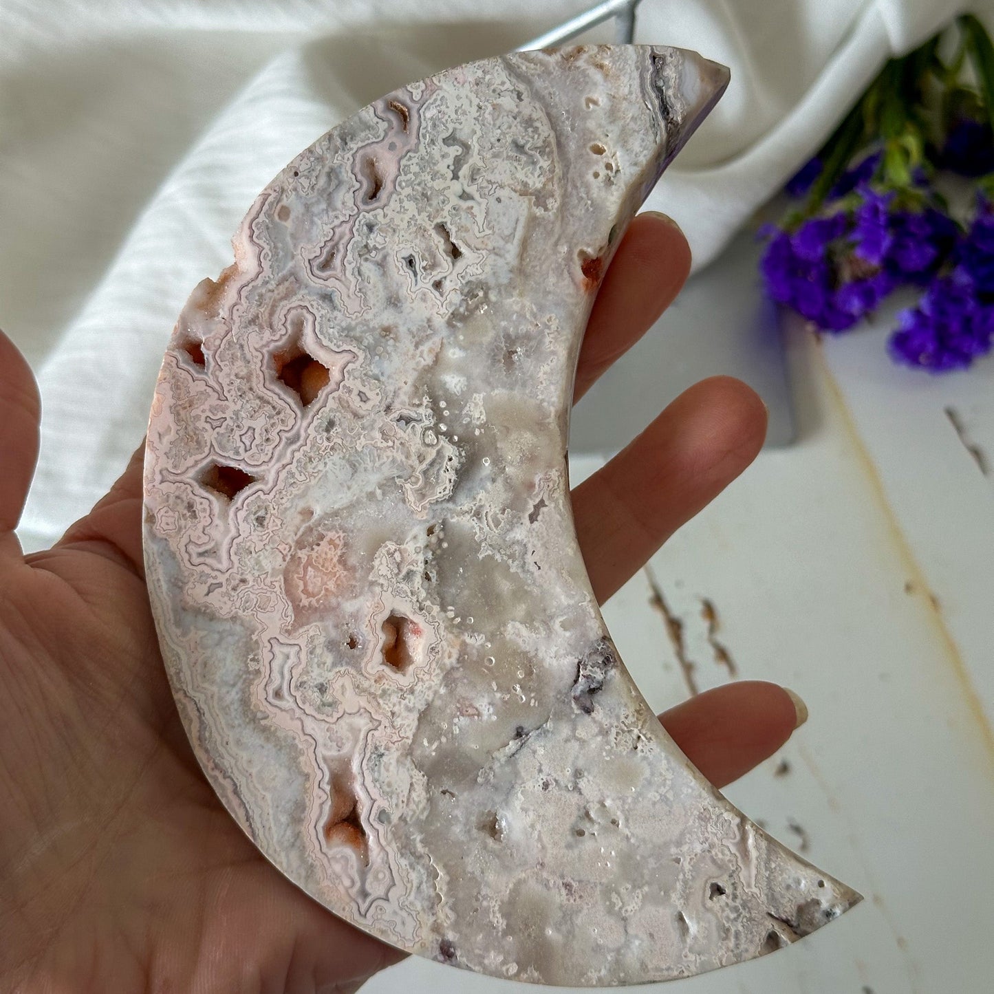 Pink Crazy Lace Agate Moon #851-Happily Zen