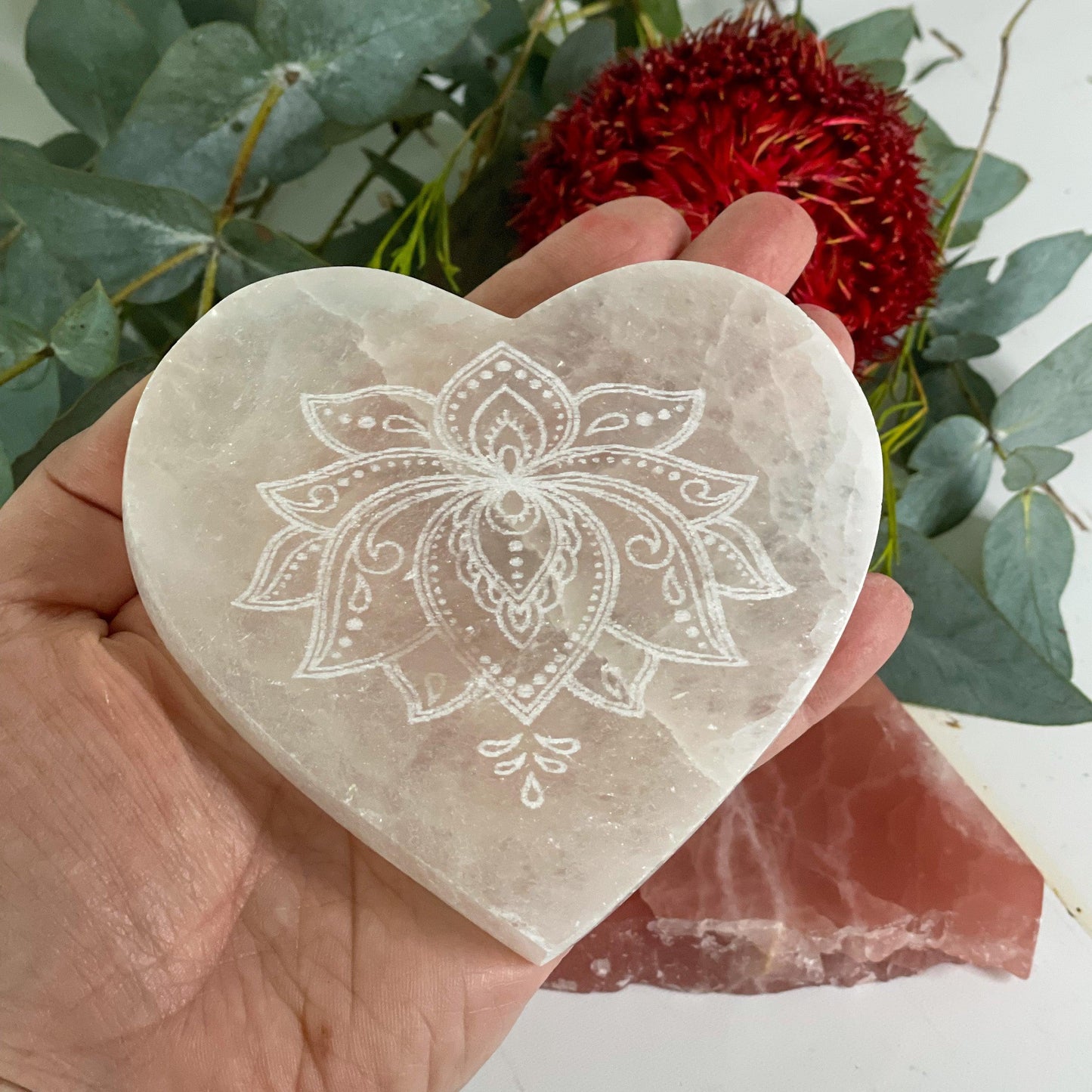Selenite Heart Plate - Lotus Etched #304-Happily Zen