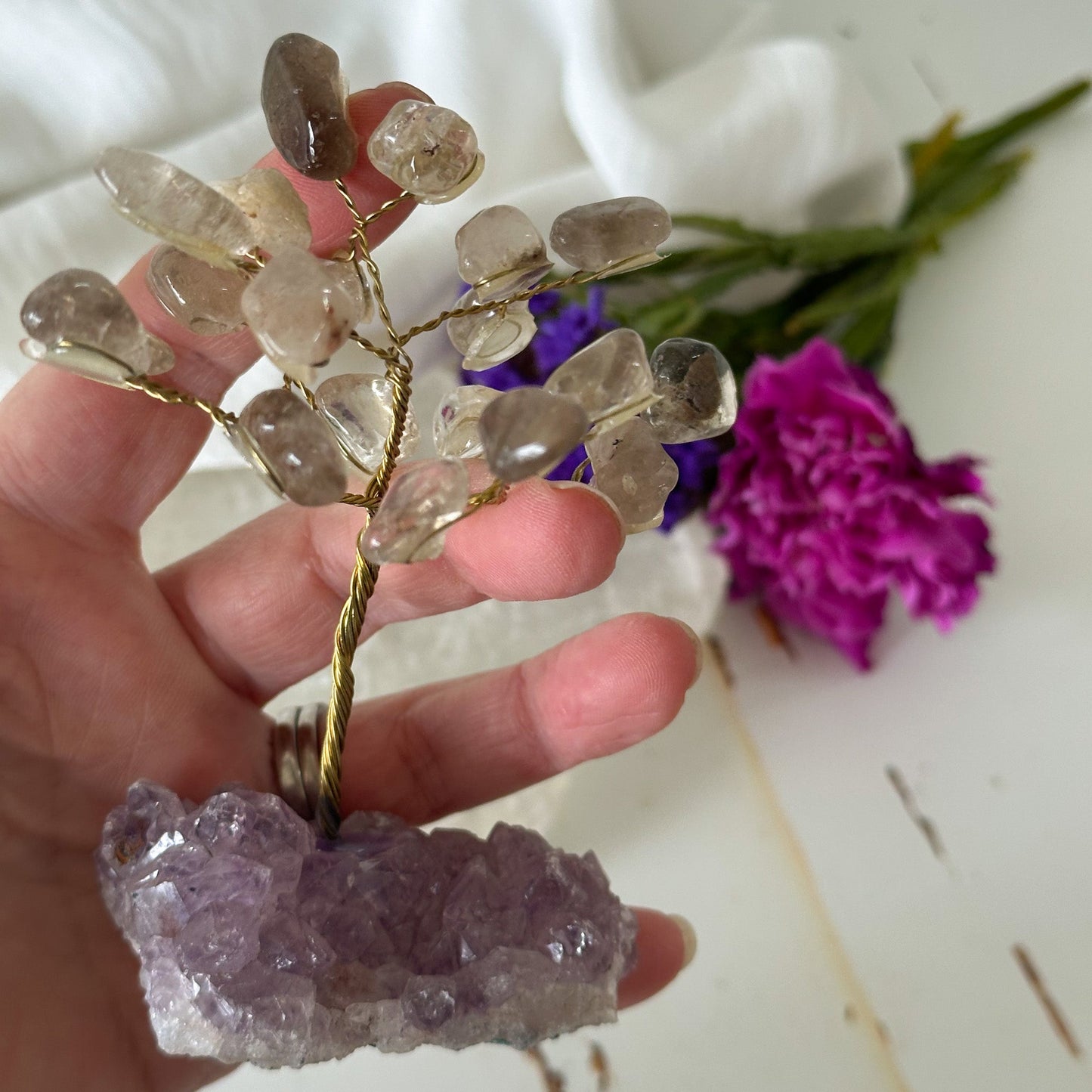 Smokey Quartz Tree on Amethyst Base #744-Happily Zen