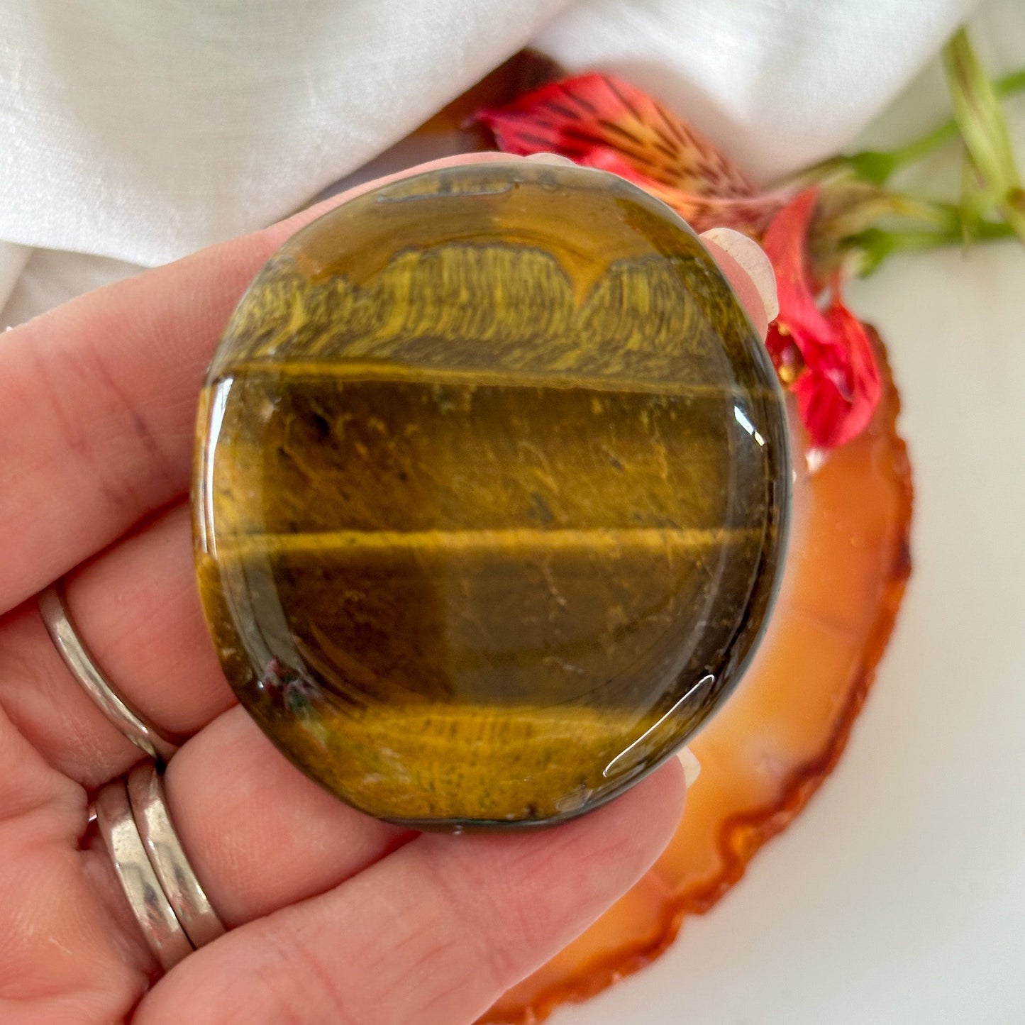 Tigers Eye Palm Stone #910-Happily Zen