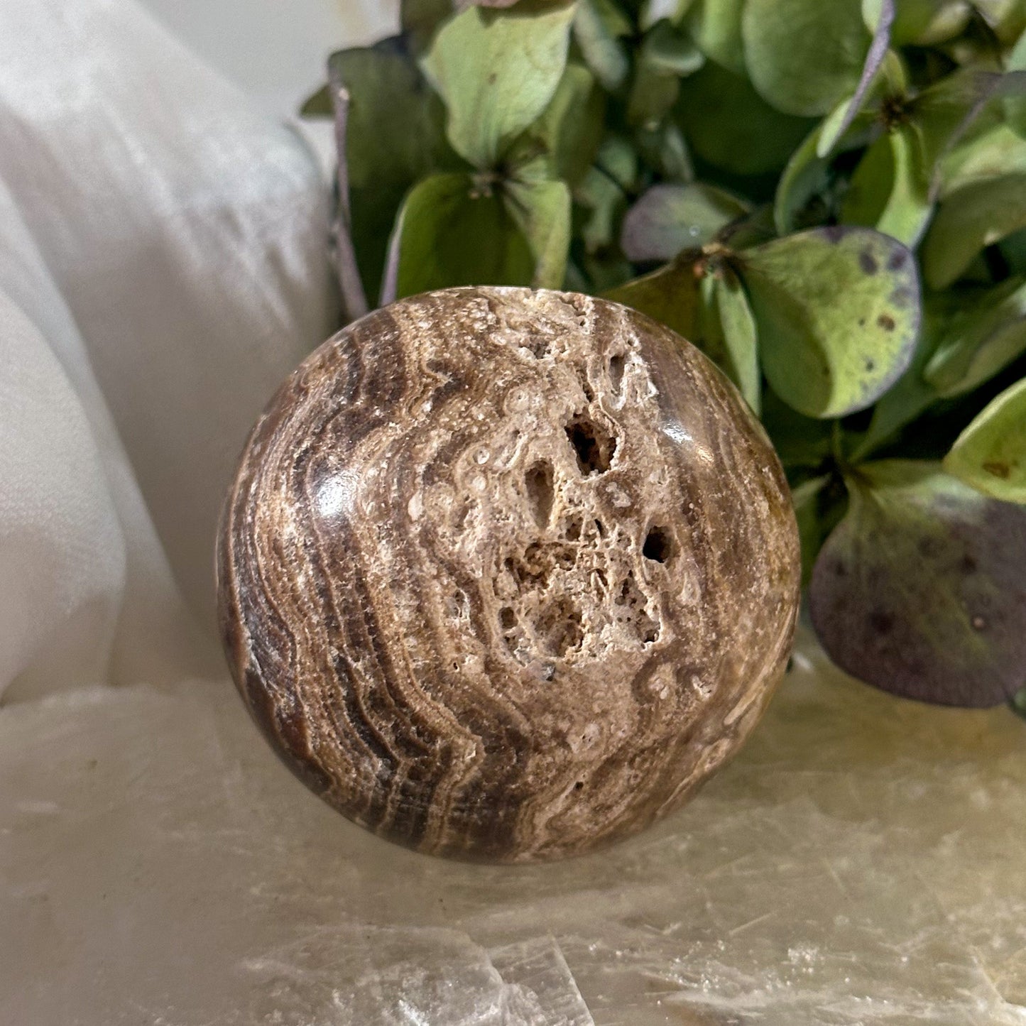 Travertine Sphere #775-Happily Zen
