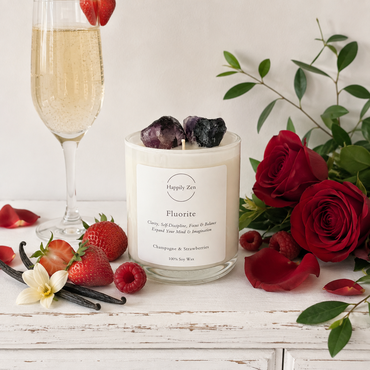 Fluorite - Champagne & Strawberries Candle-Happily Zen