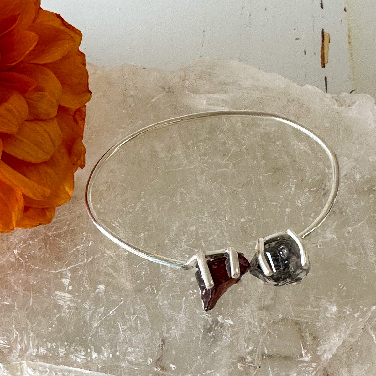 Garnet and Herkimer Diamond Sterling Silver Bangle #715-Happily Zen