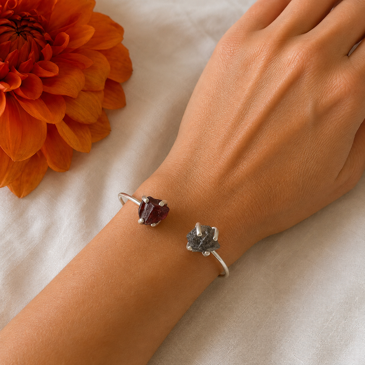 Garnet and Herkimer Diamond Sterling Silver Bangle #715-Happily Zen