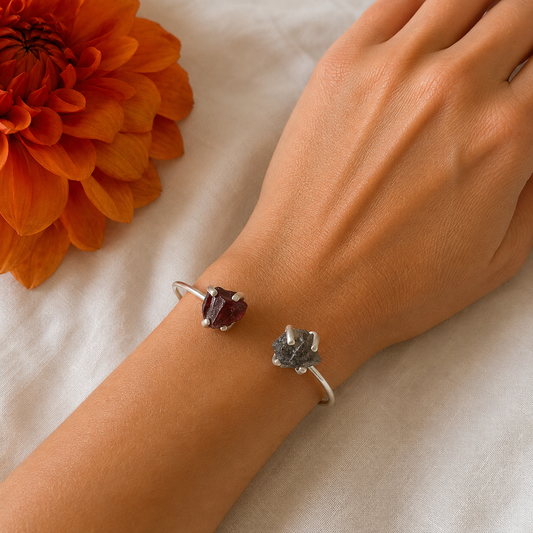 Garnet and Herkimer Diamond Sterling Silver Bangle #715-Happily Zen