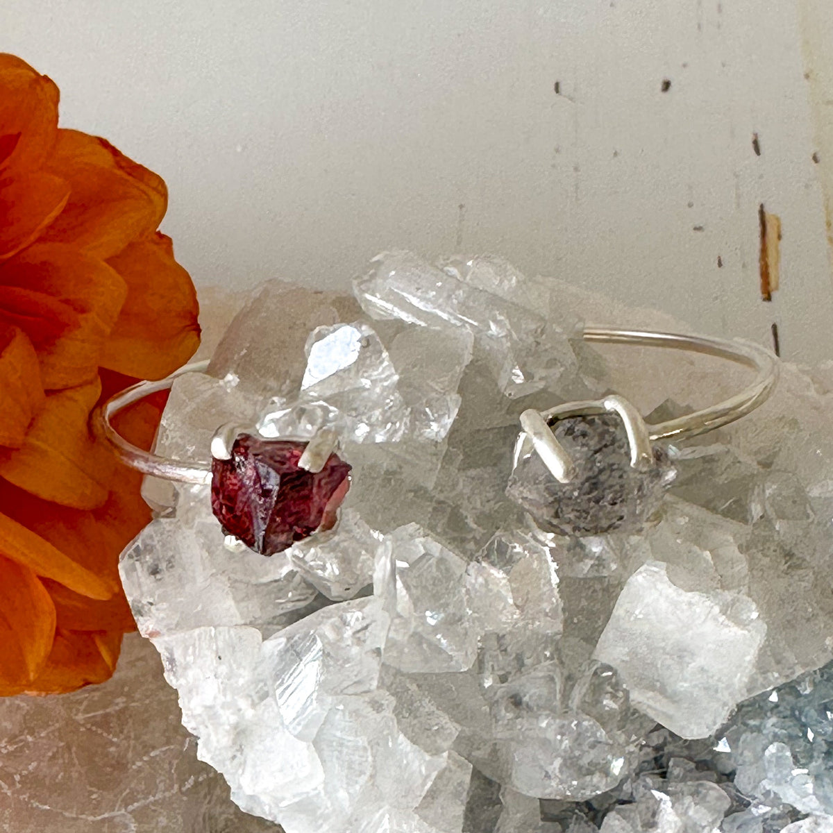 Garnet and Herkimer Diamond Sterling Silver Bangle #716-Happily Zen