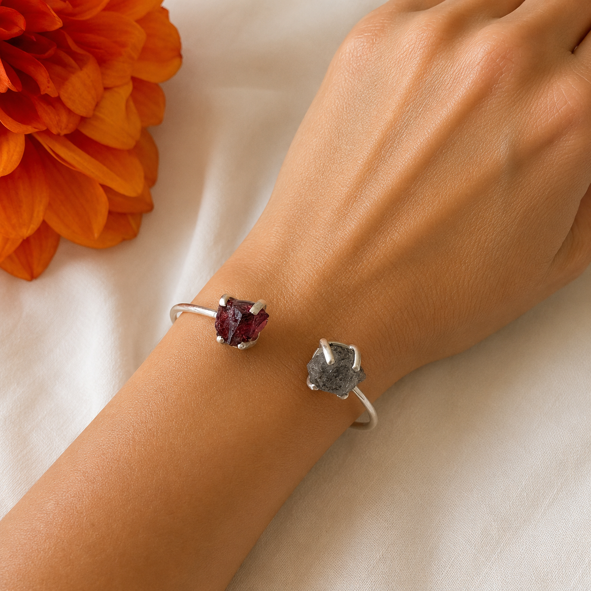 Garnet and Herkimer Diamond Sterling Silver Bangle #716-Happily Zen