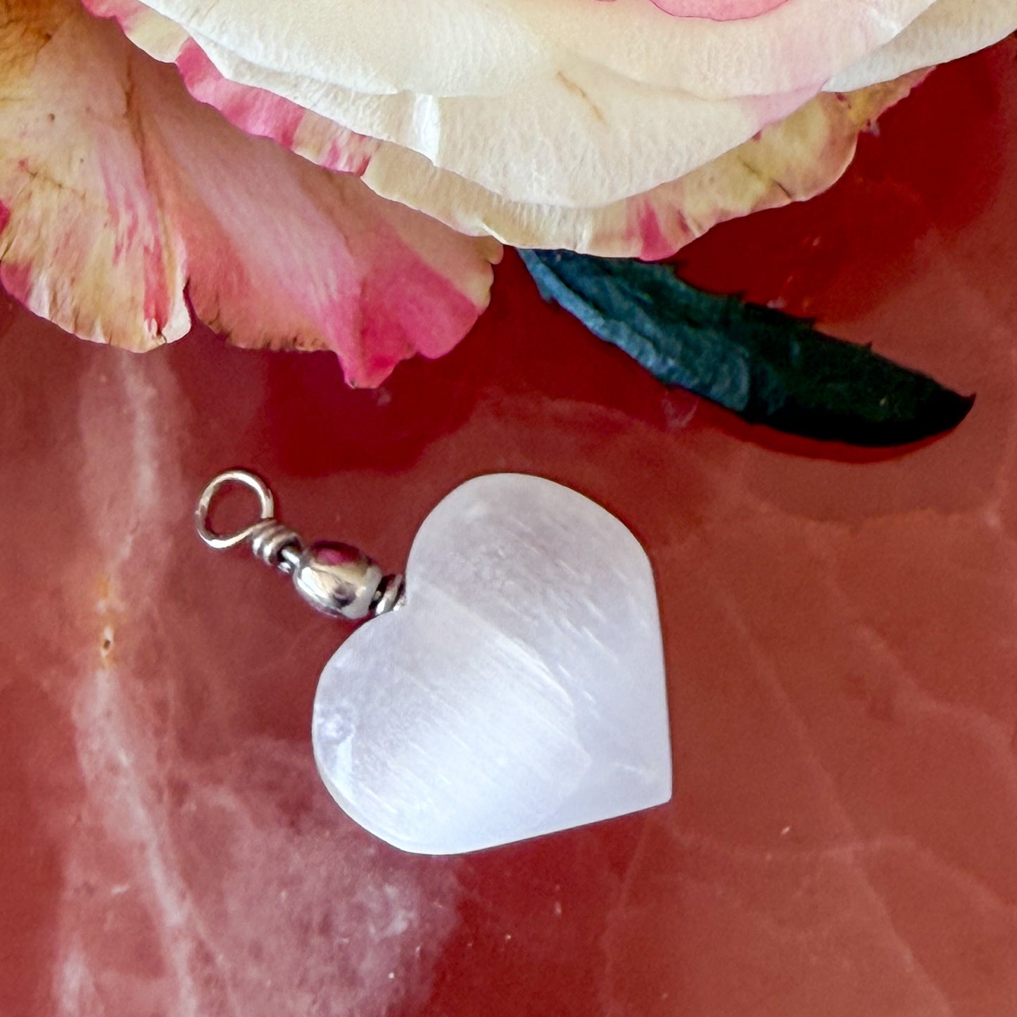 Selenite Heart Pendant #1211-Happily Zen