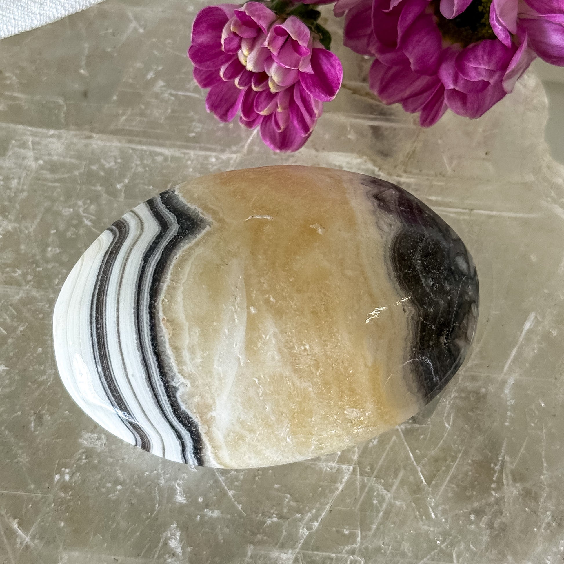 Zebra Calcite Palm Stone #1288-Happily Zen