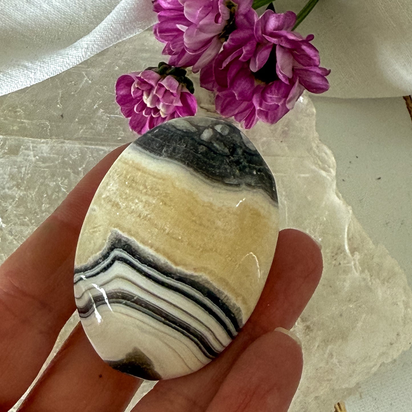 Zebra Calcite Palm Stone #1288-Happily Zen