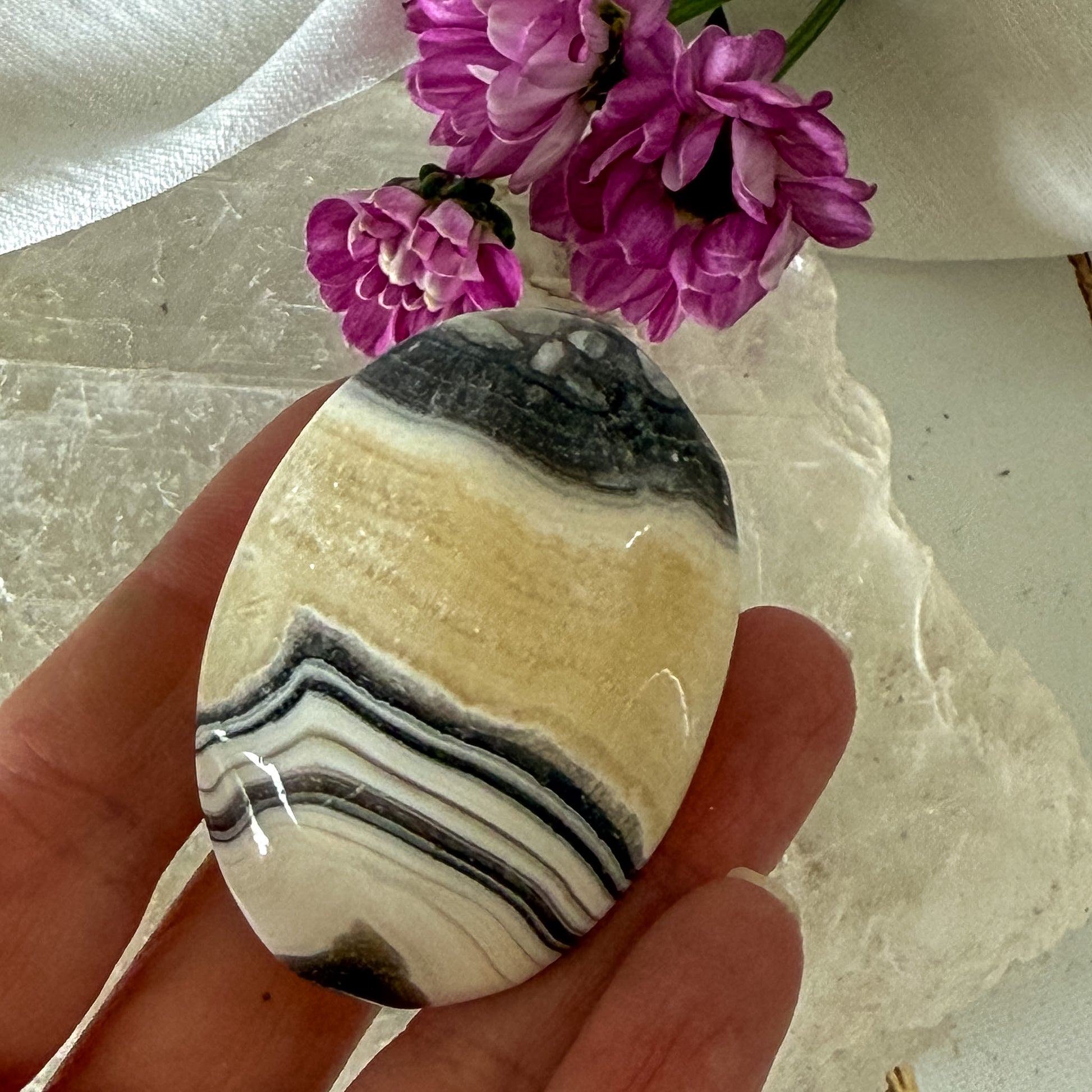 Zebra Calcite Palm Stone #1288-Happily Zen