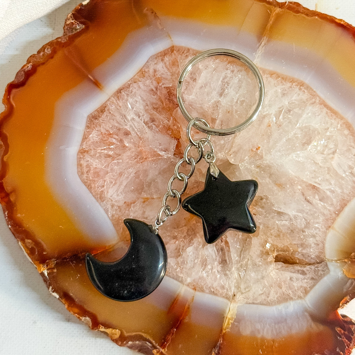 Obsidian Crystal Moon and Star Keychain
