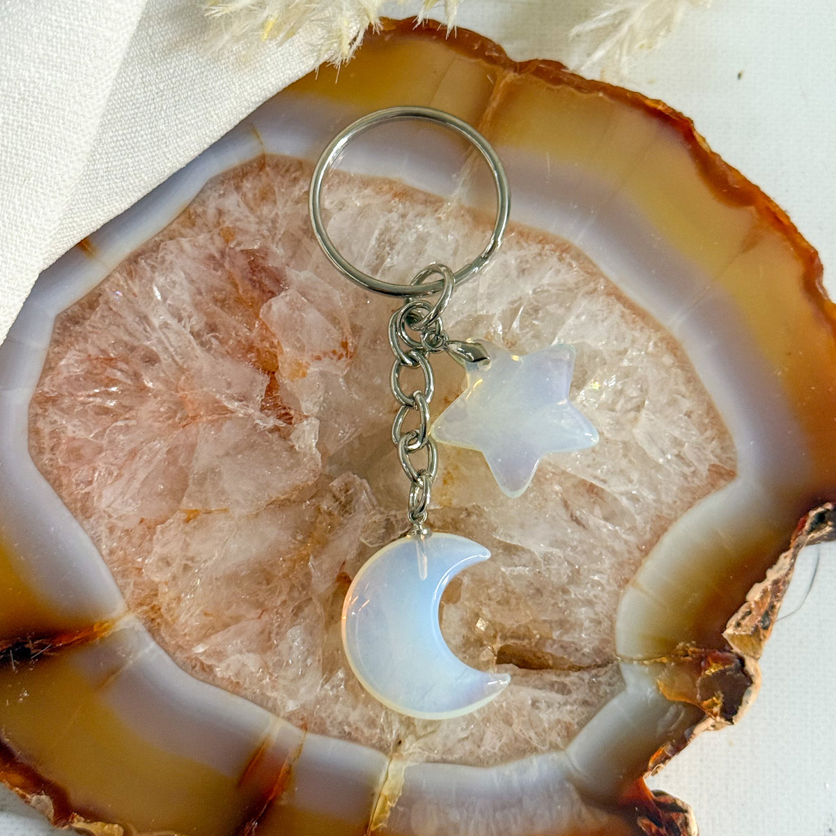 Opalite Crystal Moon and Star Keychain