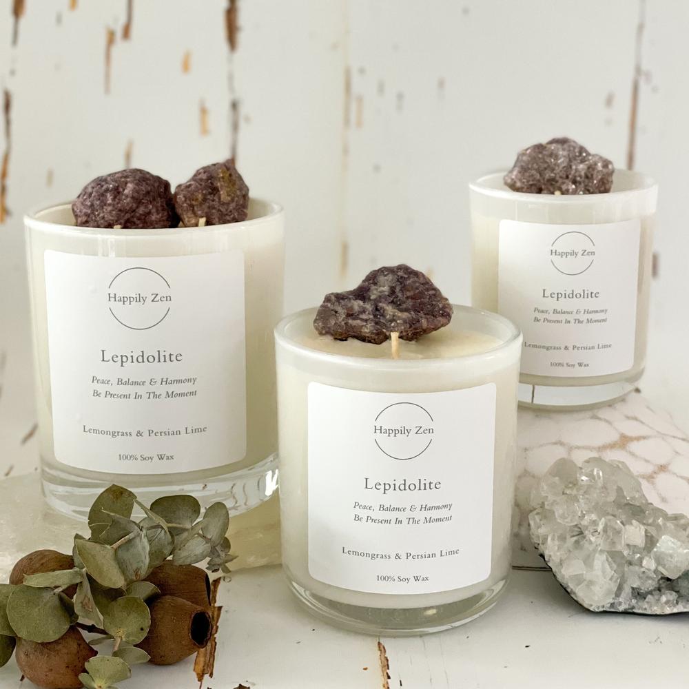 Lepidolite- Lemongrass & Persian Lime Candle-Happily Zen