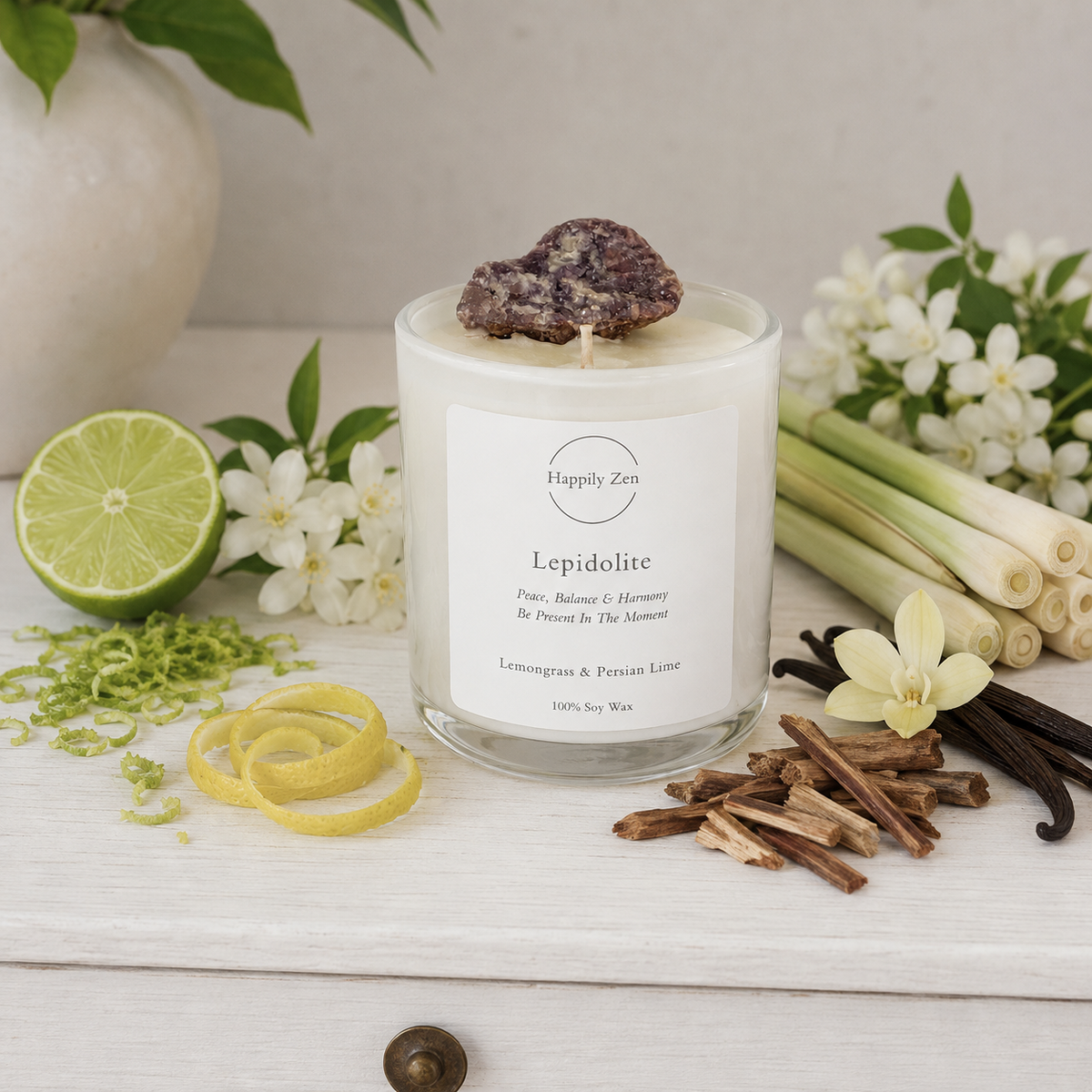 Lepidolite- Lemongrass & Persian Lime Candle-Happily Zen