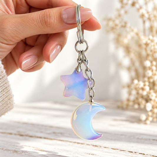 Opalite Crystal Moon and Star Keychain