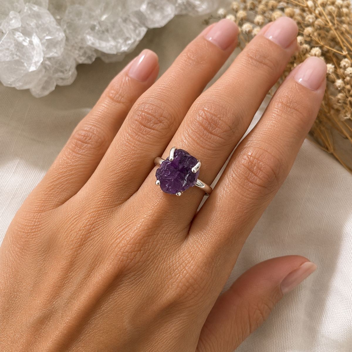 Raw Amethyst Sterling Silver Ring #496-Happily Zen