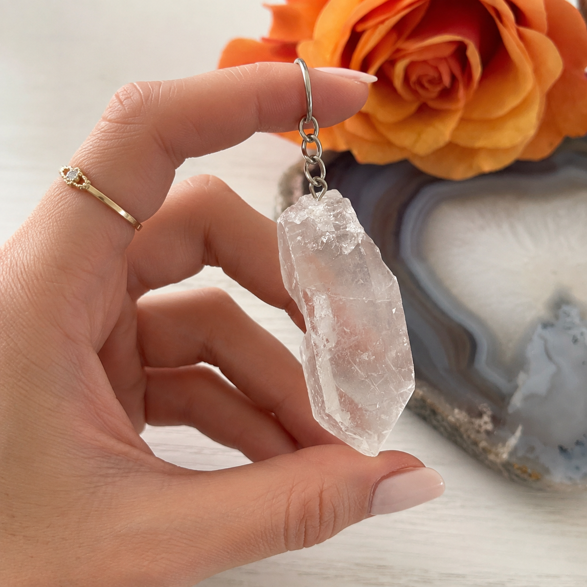 Raw Clear Quartz Keychain-Happily Zen