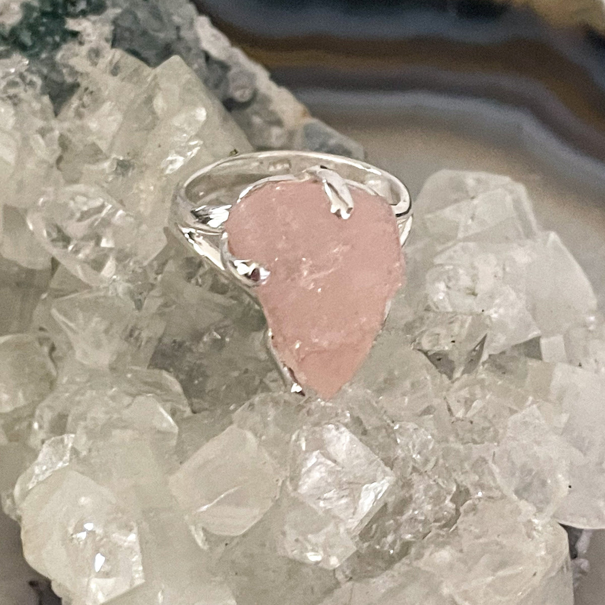 Raw Rose Quartz Sterling Silver Ring #503-Happily Zen