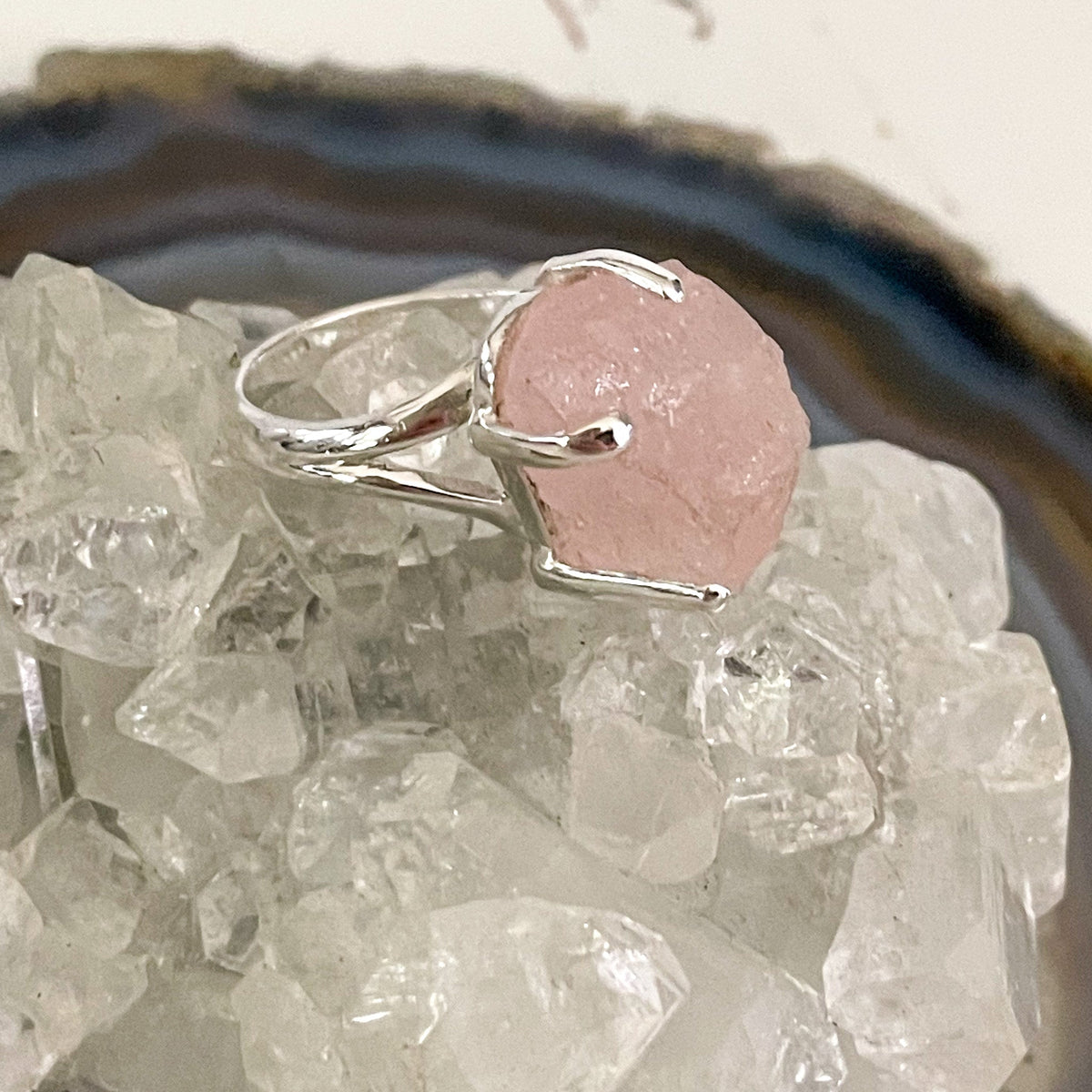 Raw Rose Quartz Sterling Silver Ring #503-Happily Zen