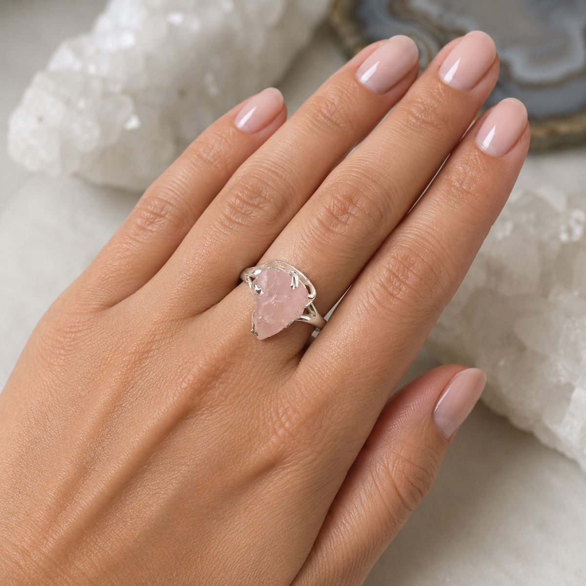 Raw Rose Quartz Sterling Silver Ring #503-Happily Zen