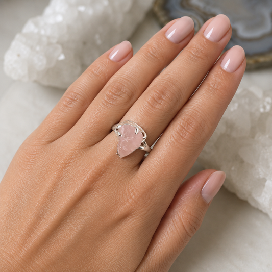 Raw Rose Quartz Sterling Silver Ring #503-Happily Zen