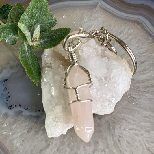 Rose Quartz Crystal Point Keychain-Happily Zen