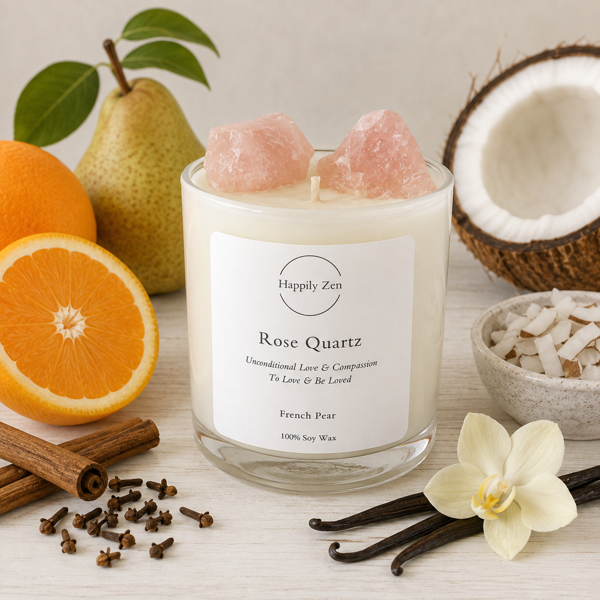 Rose Quartz - French Pear Candle-Happily Zen