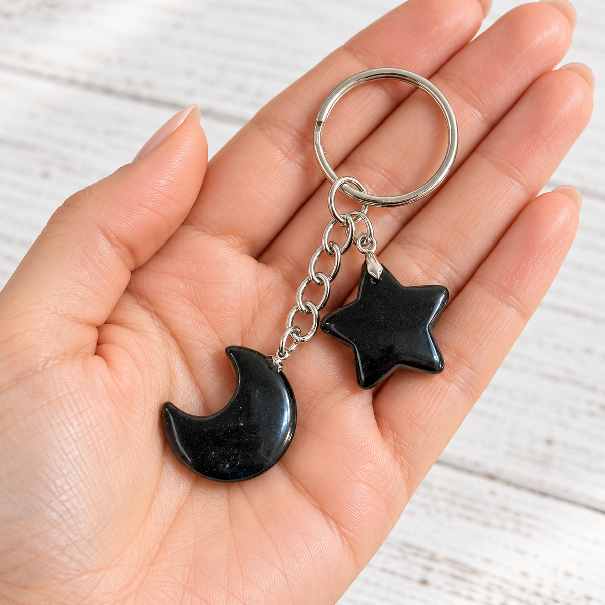 Obsidian Crystal Moon and Star Keychain