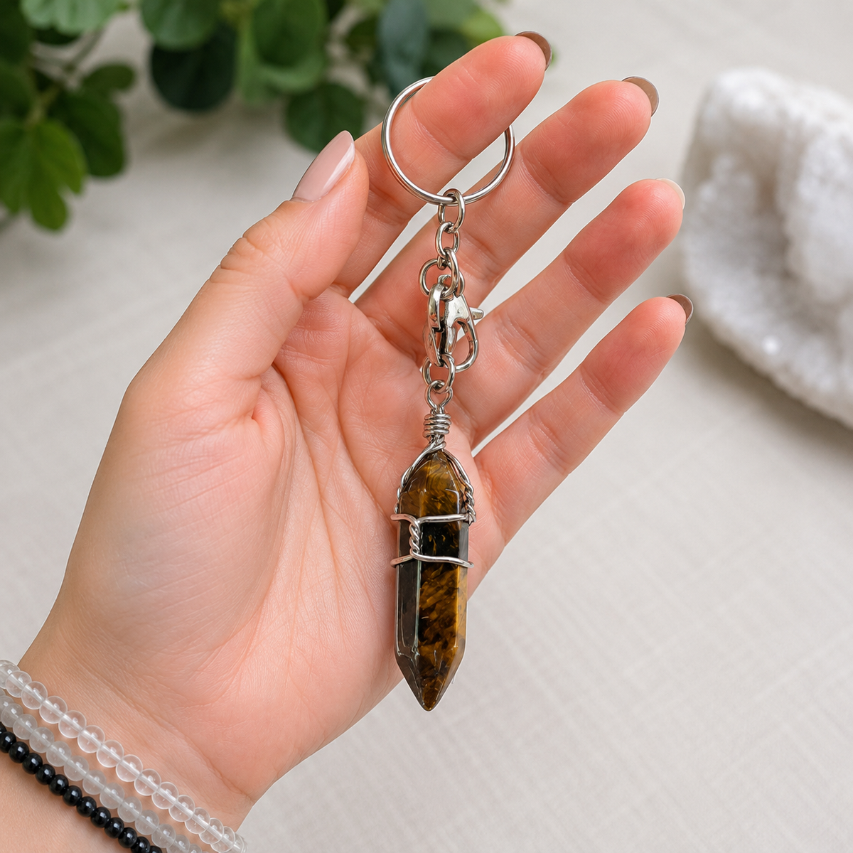 Tiger's Eye Crystal Point Keychain-Happily Zen