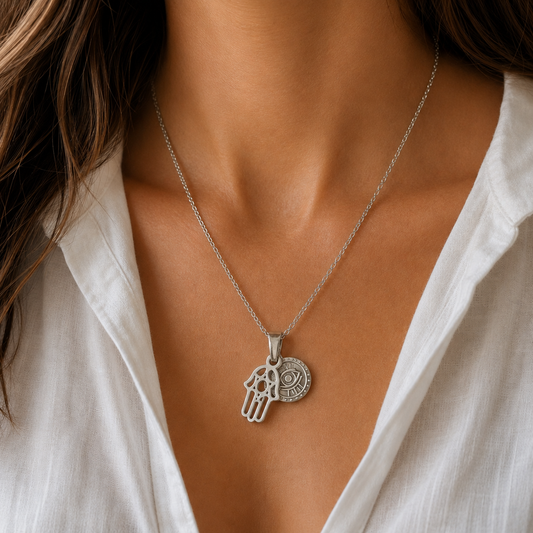 Evil Eye & Hamsa Hand Necklace - Stainless Steel #1011-Happily Zen