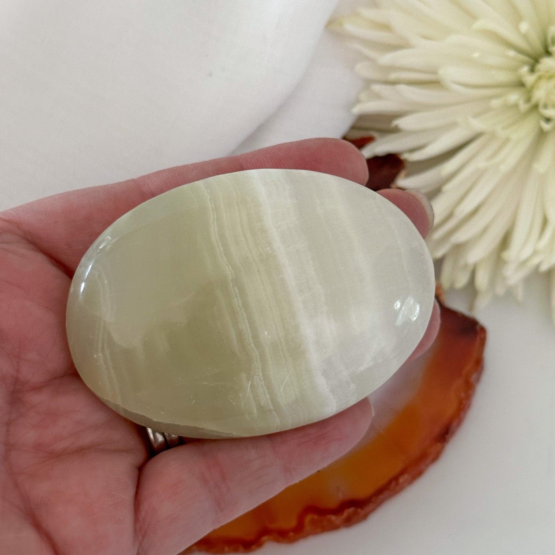 Green Calcite Palm Stone #618-Happily Zen