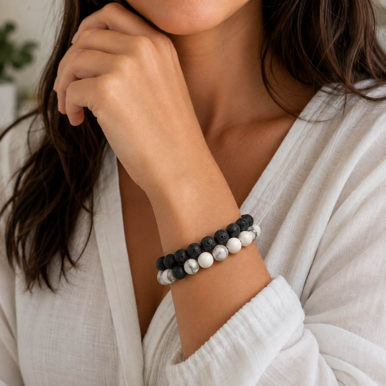 Howlite Essential Oil Diffuser Bracelet Set #1332-Happily Zen