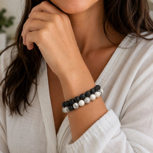 Howlite Essential Oil Diffuser Bracelet Set #1332-Happily Zen