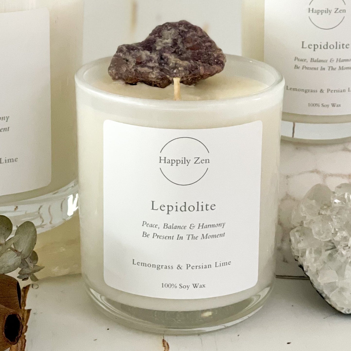 Lepidolite- Lemongrass & Persian Lime Candle-Happily Zen