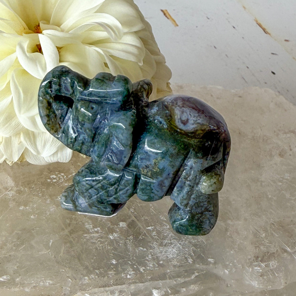 Moss Agate Elephant #1061-Happily Zen