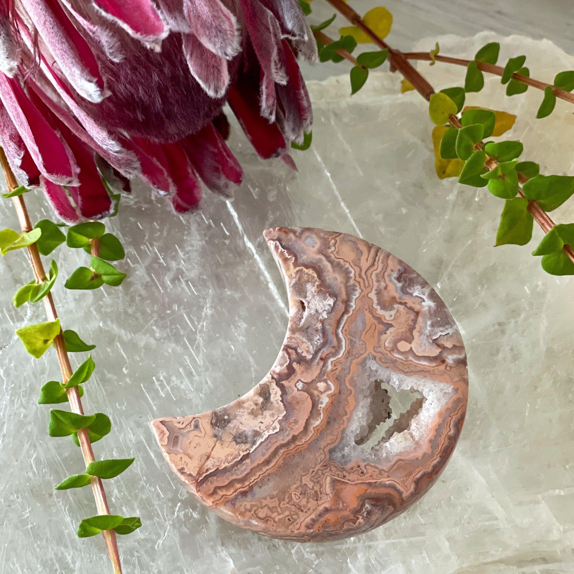 Pink Crazy Lace Agate Moon #261-Happily Zen
