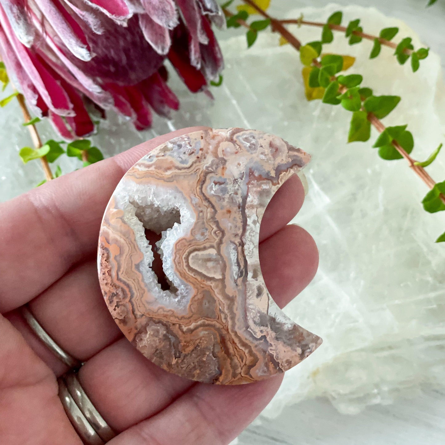 Pink Crazy Lace Agate Moon #261-Happily Zen