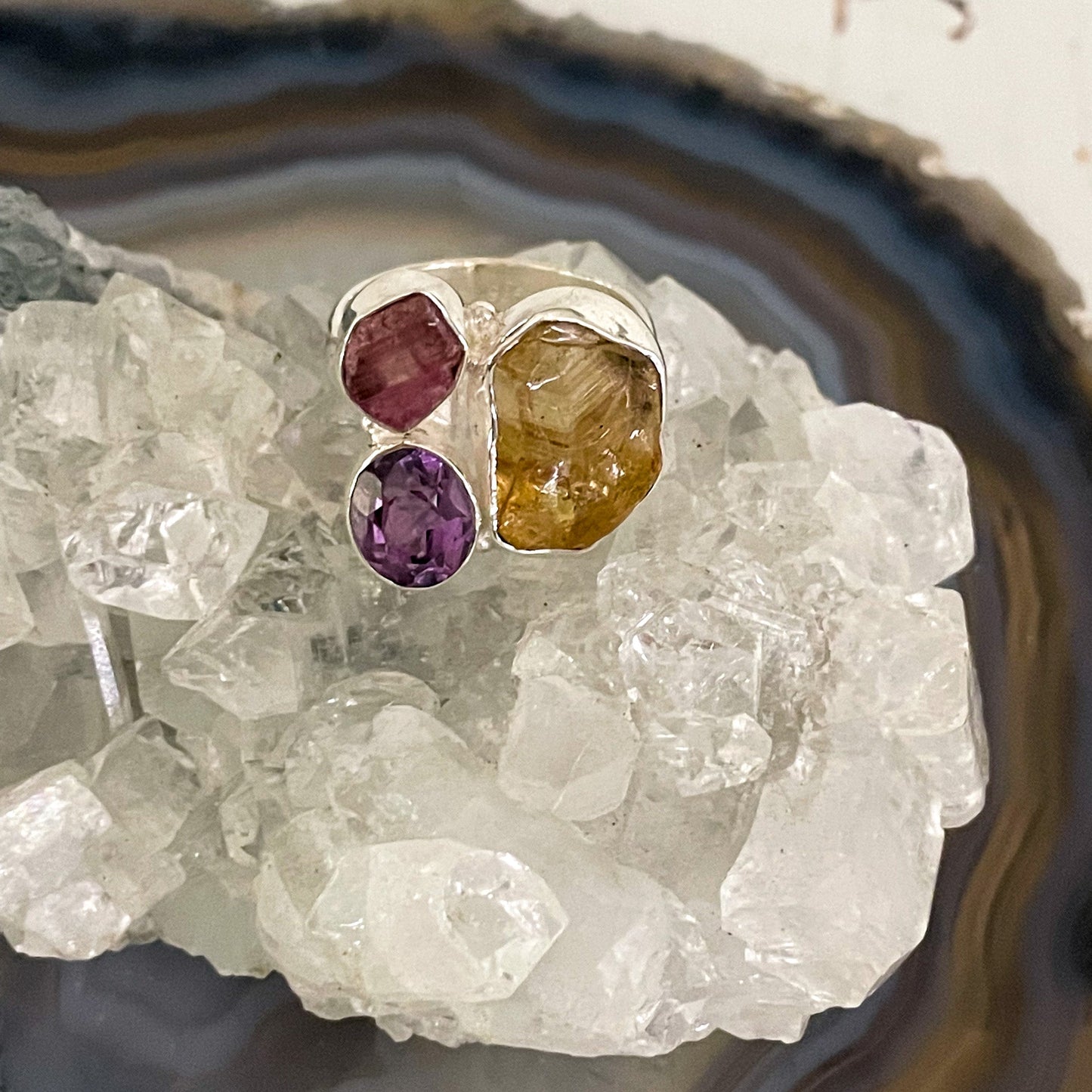 Pink Tourmaline, Amethyst & Citrine Sterling Silver Ring #497-Happily Zen