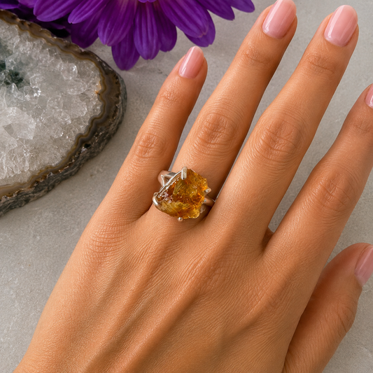 Raw Citrine Sterling Silver Ring #705-Happily Zen