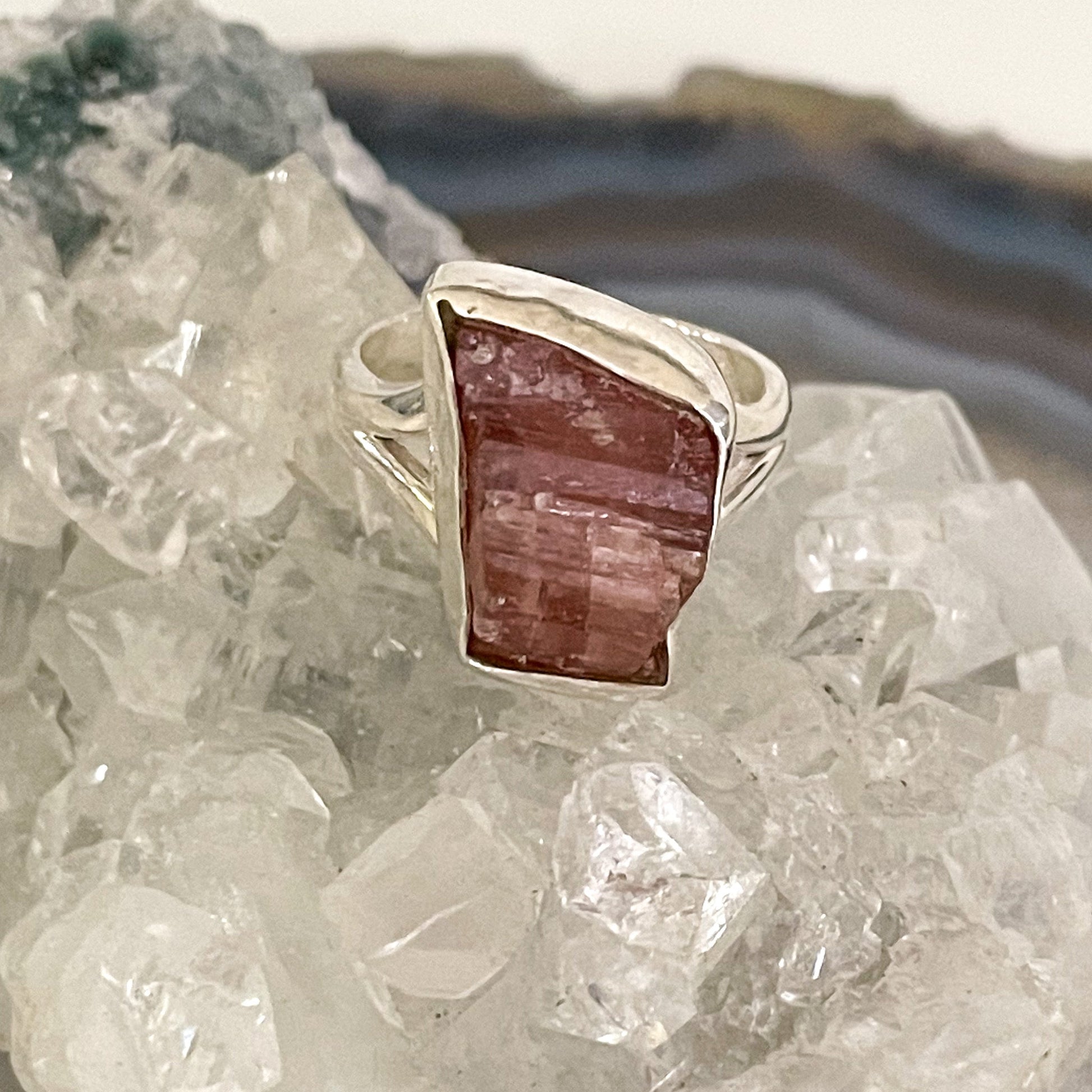 Raw Pink Tourmaline Sterling Silver Ring #498-Happily Zen